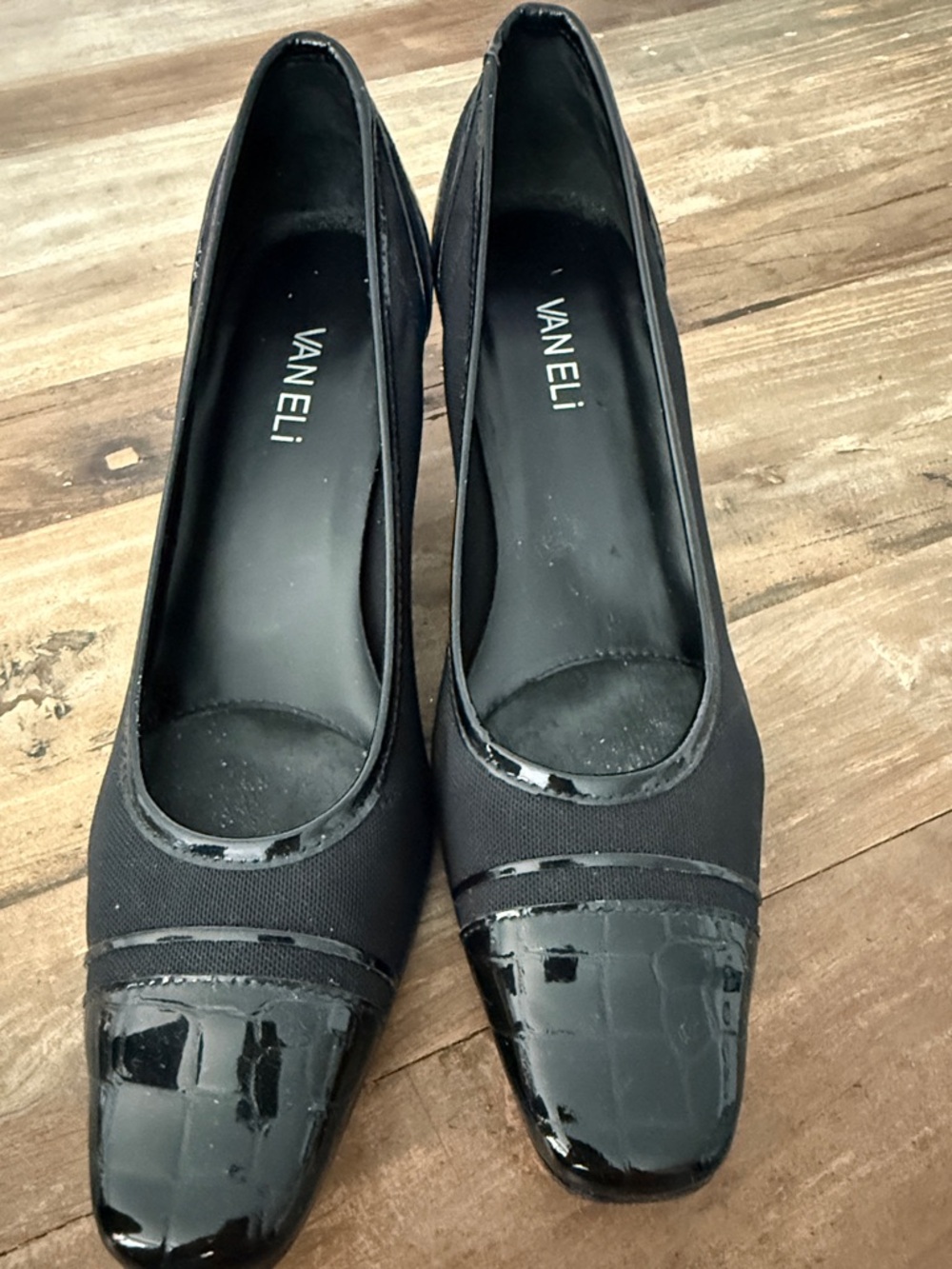 Vaneli Black Low Block Heel Pumps with Patent Toe